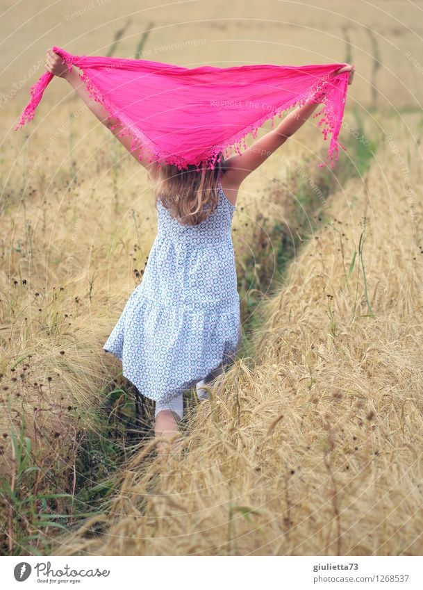 happy Leisure and hobbies Playing Summer vacation Human being Feminine Child Girl Infancy Life 1 8 - 13 years Nature Grain field Cornfield Field Dress Headscarf