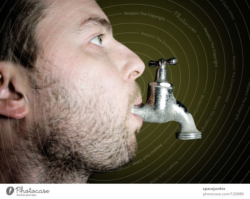 thirst Man Portrait photograph Tap Bathroom Beverage Refreshment Joy Face Water Fluid Drops of water Thirst