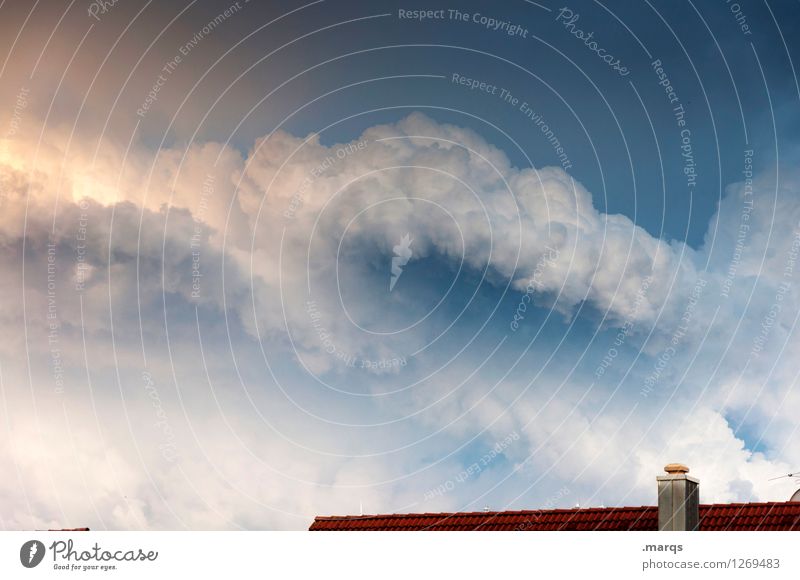 Airy | Gravure printing Environment Nature Elements Sky Clouds Storm clouds Summer Gale Roof Chimney Moody Colour photo Exterior shot Deserted Copy Space left