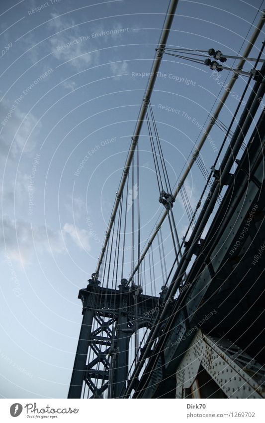 Manhattan Bridge, NYC Technology Clouds Summer Beautiful weather New York City Brooklyn Manmade structures Architecture Suspension bridge Steel processing