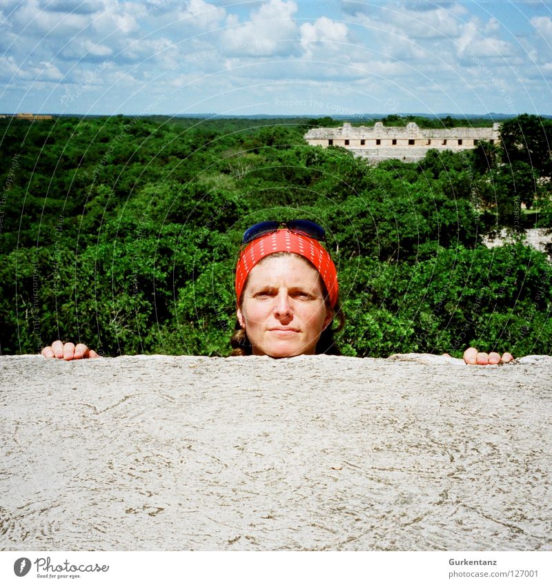 75 - Look! Uxmal Temple Maya Clouds Green Wall (barrier) Fingers Sunglasses Headscarf Woman Forest Tree Virgin forest South America Yucatan Red Mexico Derelict