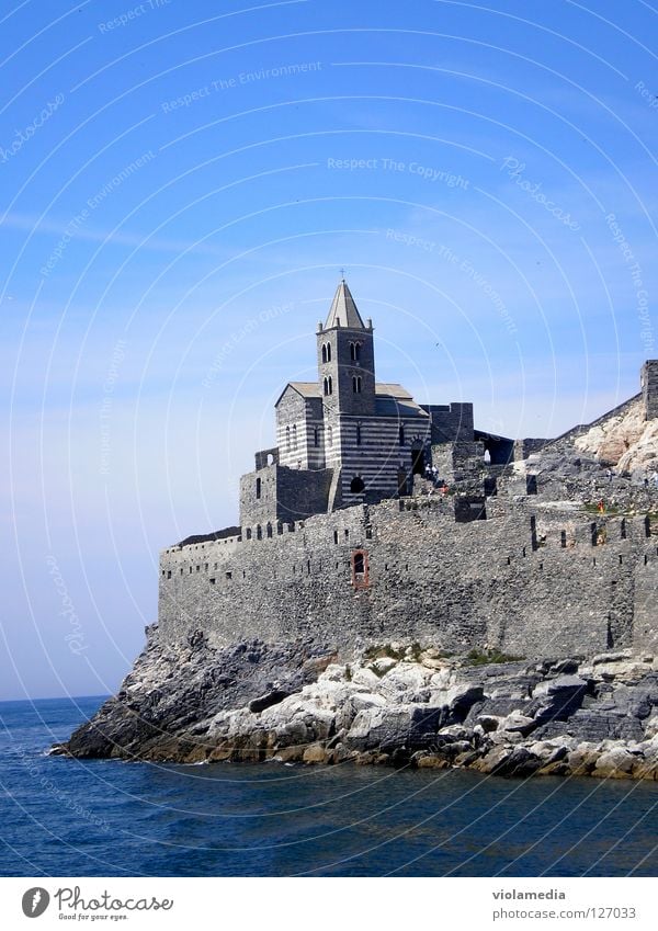 San Pietro Ocean Italy Portovenere Cinque Terre Fortress Boating trip Summer Liguria Romance Loneliness Cliff Felsenkirche Belief Religion and faith Wet Cold
