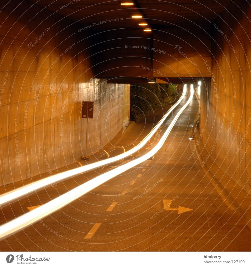speedlimit 300 Tunnel Transport Concrete Night Long exposure Speed Motor vehicle Light Leadfoot Driving Turn off Tracks traffic Car Street channel city lights