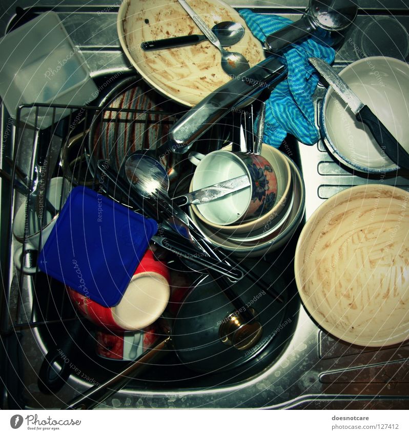 Would you, please? Crockery Plate Bowl Pot Cup Glass Cutlery Knives Fork Spoon Kitchen Dirty Do the dishes Untidy Household Kitchen sink Comfortable Chaos