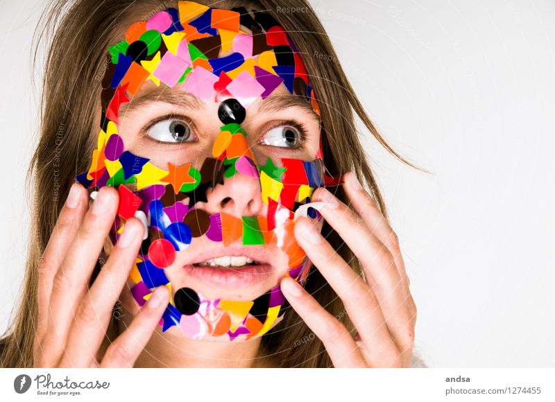 Face of surprised woman slapping her hands to her face. The face is full of colorful dots. Human being Feminine Young woman Youth (Young adults) Woman Adults 1