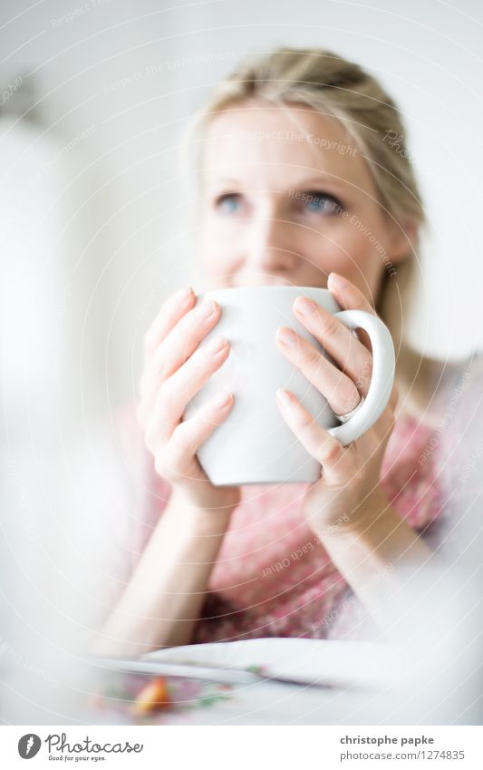 Tea with Bokeh 2 Meditative Shallow depth of field Drinking Breakfast Interior shot Blonde Woman 1 Person Cup Living room Bright To hold on Coffee Coffee cup
