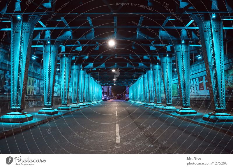 Cold | steel Town Bridge Tunnel Architecture Traffic infrastructure Road traffic Street Blue Turquoise Steel Iron blue Underpass Median strip Lighting