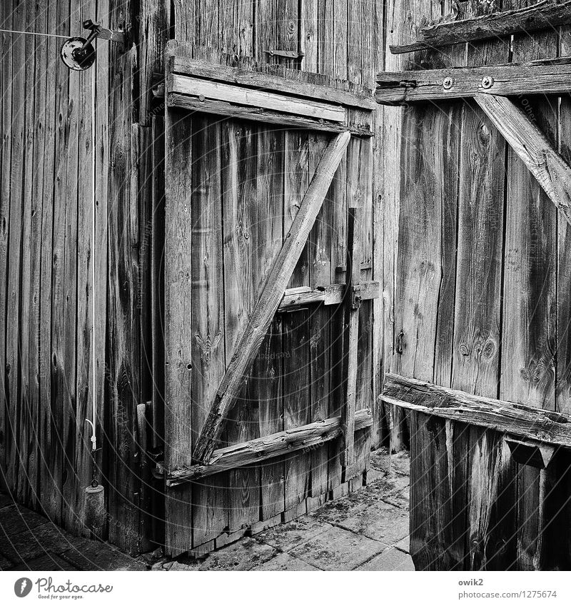 garden gate Wood Old Dry Decline Past Transience Gate Open Z Wooden fence All-weather Black & white photo Exterior shot Structures and shapes Deserted