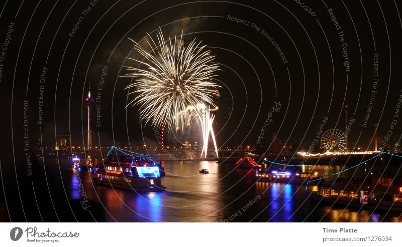Fireworks Rheinkirmes 06 Night life Feasts & Celebrations Fairs & Carnivals Water Duesseldorf Town Port City Bridge Tower Passenger ship Ferry Multicoloured