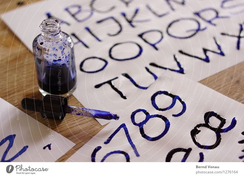 alphabetical Characters Digits and numbers Wet Colour Ink Calligraphy Pipette Blue Creativity Fresh Handcrafts Stationery Paper Conceptual design Colour photo