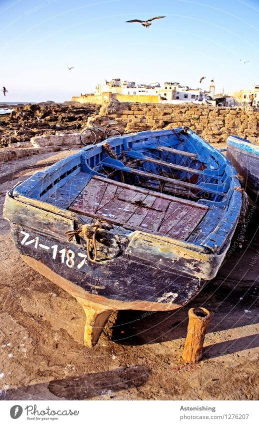 The old fishing boat Environment Nature Sky Horizon Summer Weather Beautiful weather Rock Coast Ocean Atlantic Ocean Essaouira Morocco Town Port City Old town