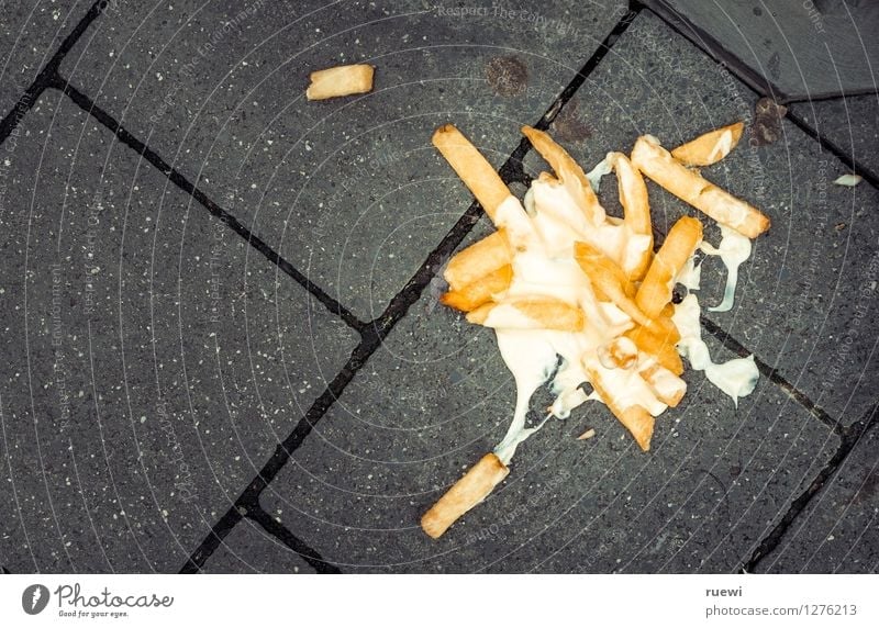 Portion of chips with mayo on the street Food French fries Mayonnaise Lunch Fast food Finger food Healthy Eating Lunch hour Sidewalk Stone Concrete Diet Trashy