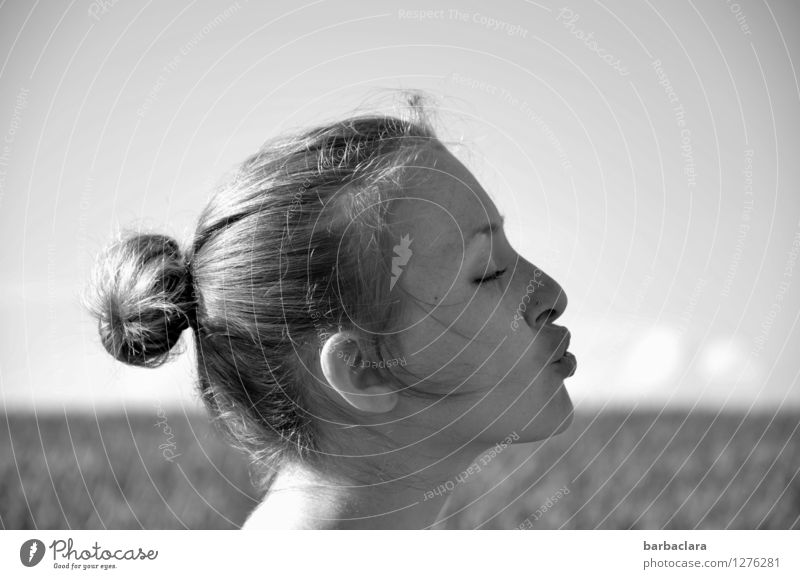 Blowing away the clouds Feminine Woman Adults Head Freckles Sky Clouds Summer Beautiful weather Field Curl Braids Blonde Funny Joy Hope Climate Creativity