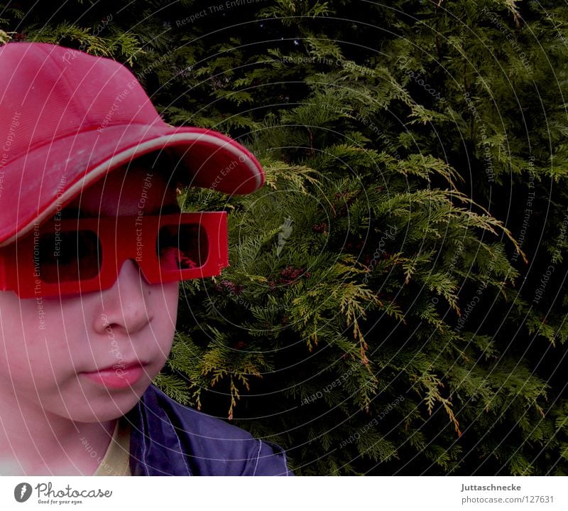 Hey, you... yes!!! You!!! Red Eyeglasses Sunglasses Portrait photograph April Whim Child Boy (child) Earnest Grief Baseball cap Cap Helium Success Might Shadow