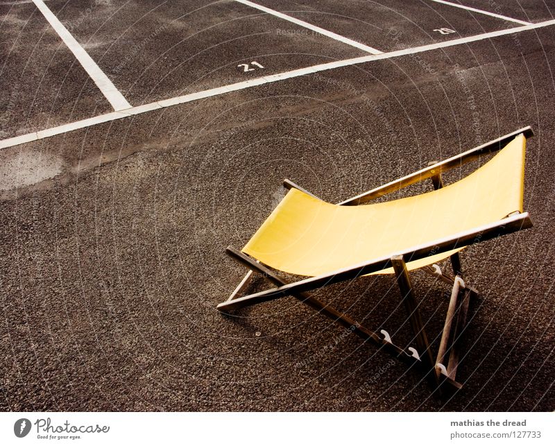 ordered and not collected Places Structures and shapes Parking lot Rectangle Stripe Asphalt Tar Hard Pore Black Parking garage Deckchair Comfortable Summer Wood