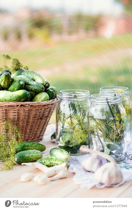 Preparing ingredients for pickling cucumbers Food Vegetable Herbs and spices Vegetarian diet Garden Fresh Natural Green Basket Canned Dill Garlic glass healthy