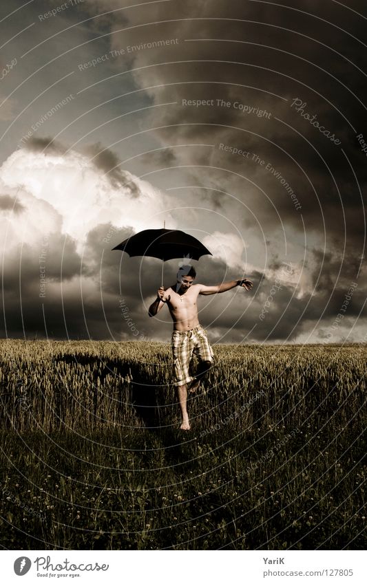 rainmaker Grass Wheat Leaf Horizon Gray Brown Yellow Dark Black Contentment Man Upper body Barefoot Pants Shorts Passion Wind Umbrella Hover Clouds Field Wet