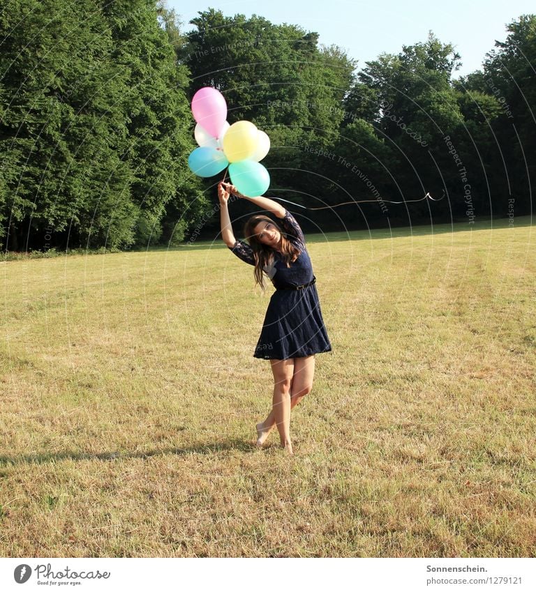 Girl with balloons Feminine Young woman Youth (Young adults) Body 18 - 30 years Adults Nature Landscape Meadow Field Dress Balloon Movement Flying To enjoy