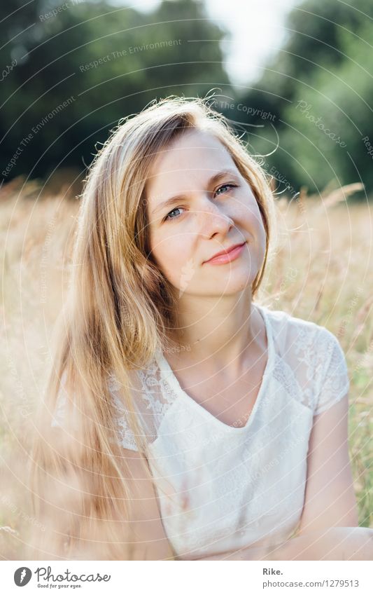 Summer portrait. Beautiful Human being Feminine Young woman Youth (Young adults) Adults Face 1 13 - 18 years Nature Field Blonde Long-haired Relaxation Smiling