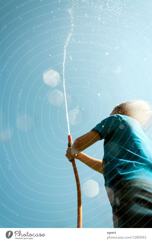 rainmaker Summer Child Garden hose Water Jet of water Sky Drop Movement Discover To hold on Playing Free Fresh Wet Blue Joy Happy Joie de vivre (Vitality)