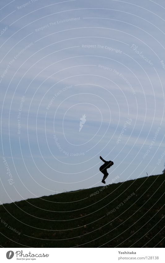 stair jumping Trampoline Horizon Jump Woman Meadow Loneliness Calm Joy Silhouette Human being Happy Blue skies Lawn Practice Life Freedom Aviation Flying