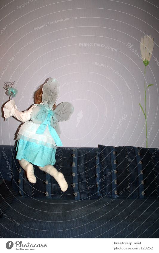 I can fly!! Carnival Child Flower Dress Flying Blue White Fairy Interior shot Copy Space top Rear view Carnival costume Easy Ease Departure Exceptional Strange