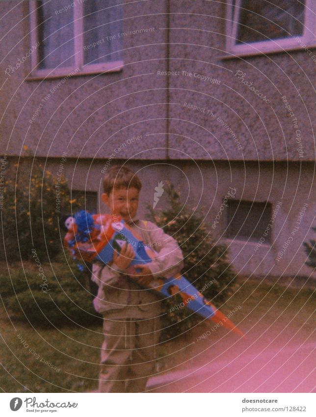 Then. Joy Child School Boy (child) Infancy Concrete Nostalgia School candy cone New building First day at school Analog Colour photo Exterior shot Day