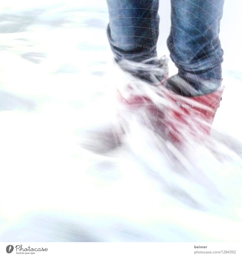 high tide Ocean Legs Water Waves Rubber boots Stand Cold Wet Wild Blue Red Power Life Brave Colour photo Exterior shot Abstract Copy Space bottom Day