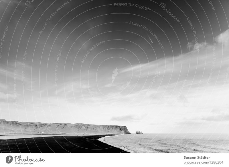 vik. Landscape Elements Sand Water Sky Clouds Waves Coast Beach Bay Ocean Elegant Vik black sand Promontory Rock Iceland Black & white photo Exterior shot