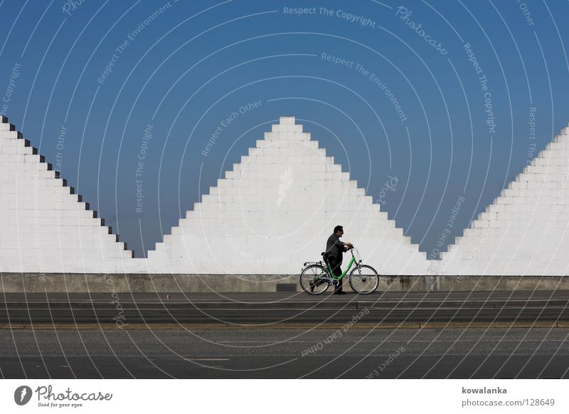 3 for 1 Triangle Bicycle To go for a walk Man White Going Think Push Geometry Symmetry Loneliness Modern Art Arts and crafts  Boredom Pyramid Contrast Street