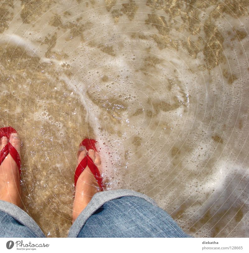 pedal pool Flip-flops Red Ocean Waves Foam Beach Physics Summer Toes Wet Water Jeans Feet Legs Sand Warmth