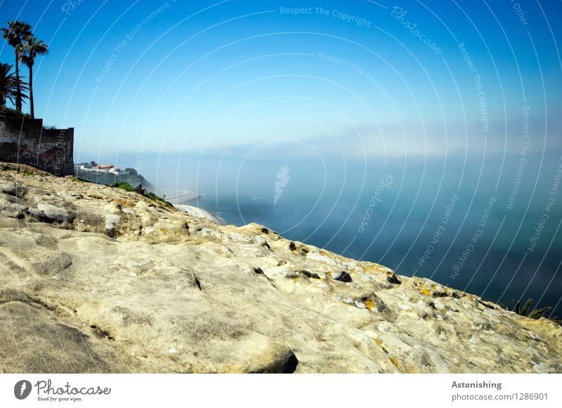 the sea in the fog Environment Nature Landscape Water Sky Clouds Summer Weather Fog Plant Tree Hill Rock Waves Coast Ocean Mediterranean sea Tangiers Stone Tall