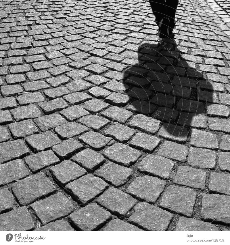 Hard plaster Cobblestones Human being Footwear Walking Shadow Stone Street Black & white photo Marburg To go for a walk Historic Traffic infrastructure contrast