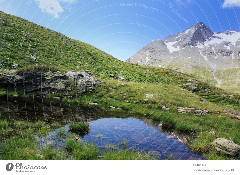 Mountain Pond Life Calm Vacation & Travel Tourism Freedom Summer Hiking Nature Landscape Sky Clouds Horizon Beautiful weather Grass Hill Rock Alps Peak