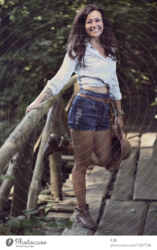 sunshine :) Young woman Youth (Young adults) 13 - 18 years Child Summer Forest Shirt Jeans Hat Brunette Long-haired Wood Smiling Laughter Illuminate Hiking