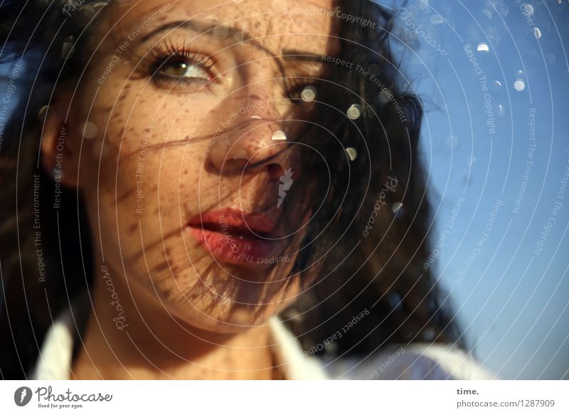 Woman behind a glass pane Feminine Adults 1 Human being Drops of water Summer Beautiful weather Shirt Black-haired Long-haired Running Observe Movement Rotate
