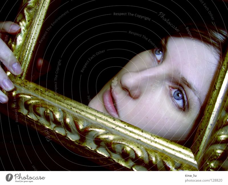 ... Hand Black Fingers Vista Ornament Fairy tale Mirror Vantage point Emotions Face Frame Gold Looking blue eyes gold frame be out of the ordinary framed