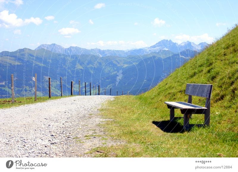 And take a quick break...! Austria Hiking Vacation & Travel To enjoy Ascending Air Fence Grass Break Europe Mountain Lanes & trails Sky holiday Bench Sit Wait