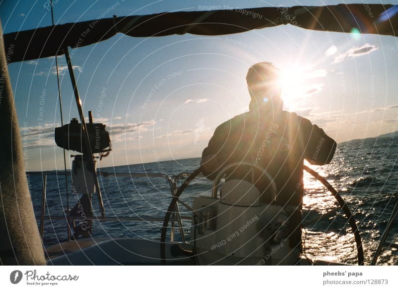 around the world Ocean Lake Sport boats Back-light Clouds Yellow Pastel tone Waves Watercraft Yacht Human being Blue Sun Lighting Glittering