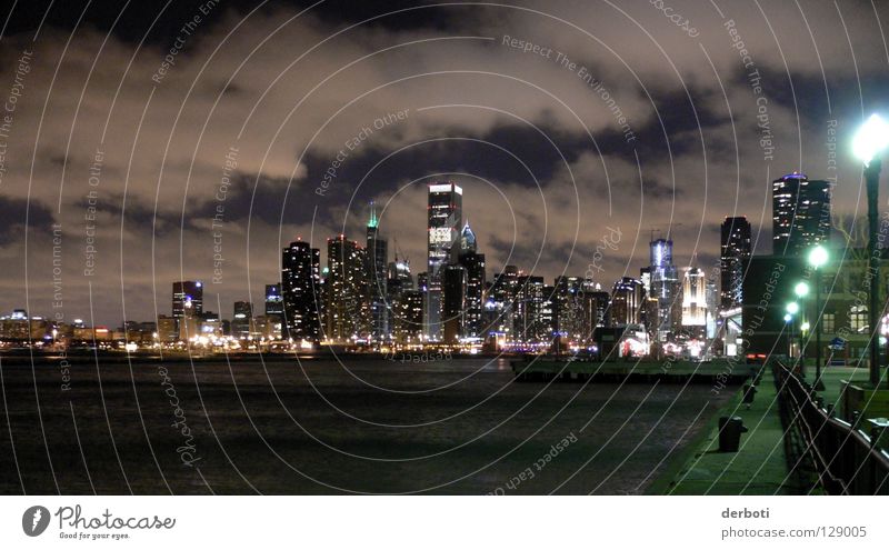 Cloudy Chicago Skyline Town High-rise Clouds Night Street lighting Lake USA Navy Pier Harbour harbor dark dark street light