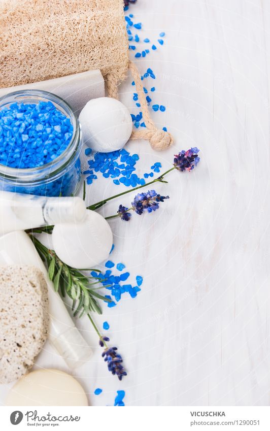 Wellness set with lavender and blue bath salts Style Design Life Well-being Relaxation Fragrance Cure Spa Bathroom Nature Aromatic Background picture Text