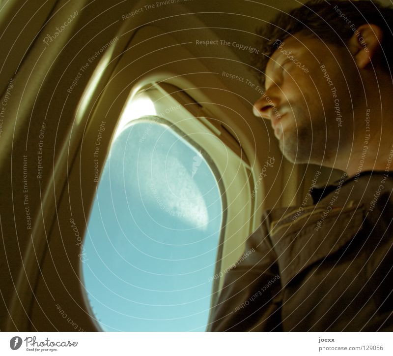 Let's go! Going Vantage point Porthole Beginning Relaxation Window Wanderlust Airplane Fear of flying Air safety Pane Shirt Sky blue Hatch Man