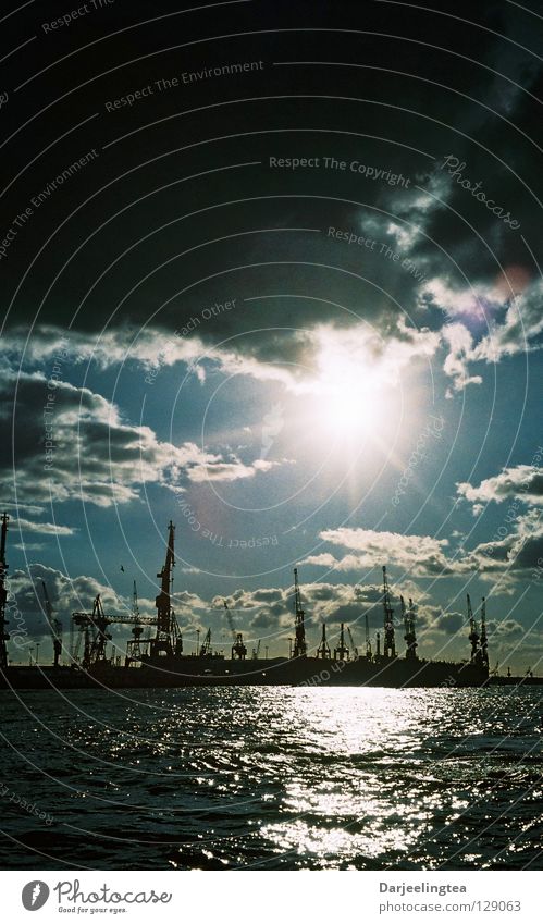 at the port Back-light Clouds Crane Dock Storm Hamburg Harbour Sky Sun Water Lighting Blue Shipyard