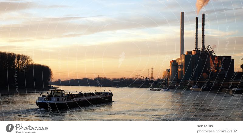 Evening mood on the Rhine Watercraft Inland navigation Electricity Transport Calm Sunset Bend Far-off places Driving Industry Electricity generating station