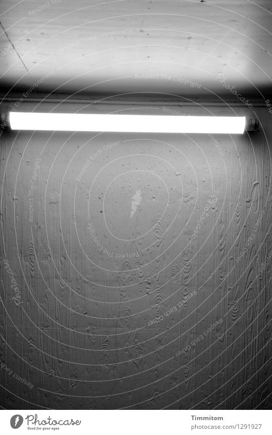 There's a light. Parking garage Neon light Concrete Line Illuminate Esthetic Simple Cold Gray Black White Emotions Shadow Wood grain Black & white photo