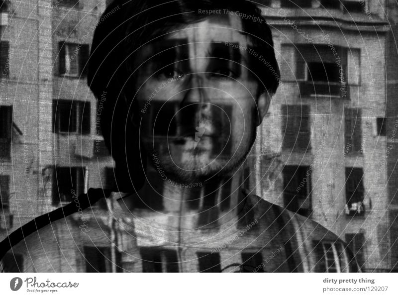 window front Portrait photograph Window Perpetrator Unclear Black & white photo Town project Look me in the eye. Hide