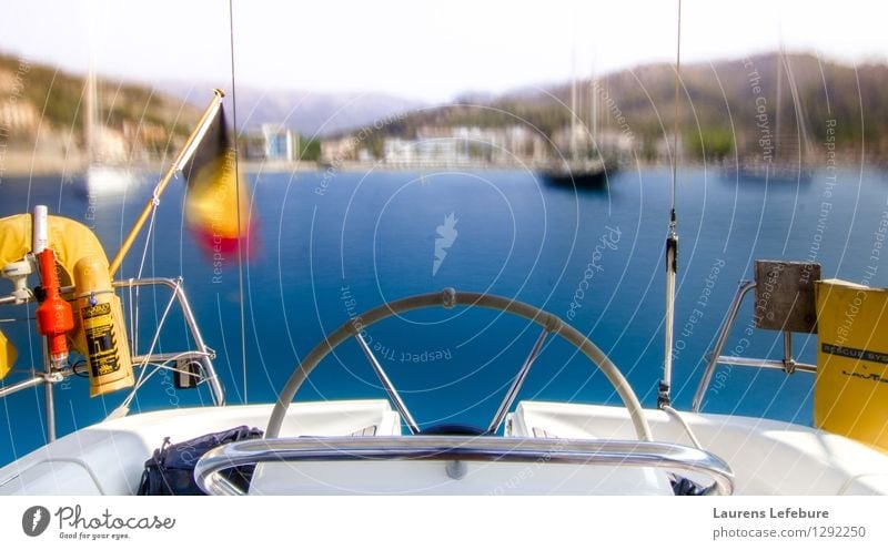 sailboat cockpit with blurry bay in the background Sailing Esthetic Boating trip Vacation & Travel Bay Ocean Yacht Summer vacation Sailing ship life on a boat