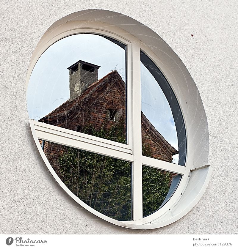 The square has to go into the round Round Sharp-edged Window Rose window Reflection House (Residential Structure) House wall White Ivy Facade Mirror Detail