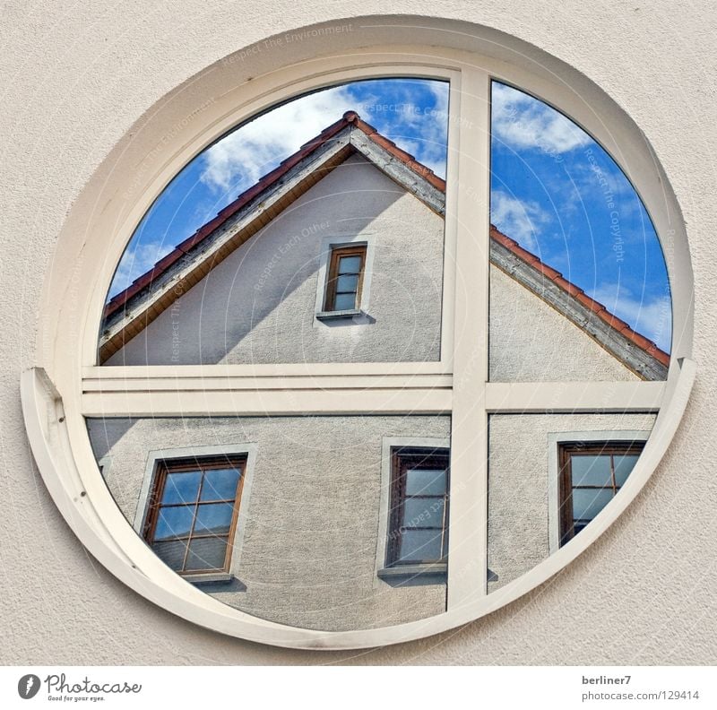 The square must enter the round / 2 Round Sharp-edged Window Rose window Wall (building) House (Residential Structure) Roof Gable Clouds White Mirror Reflection
