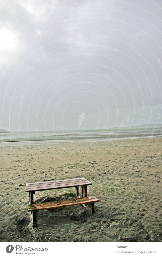 wait for the sun Table Beach Winter Cold Wet Fog Ocean Dark Empty Loneliness Far-off places Brown Break Deserted Coast Derelict picnic Sand Gloomy Wait